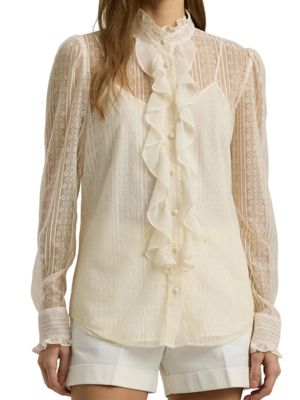 NWT Lauren Ralph Lauren Ruffle Trim Lace Shirt w Camisole, Winter Cream, US 8 - Picture 3 of 15